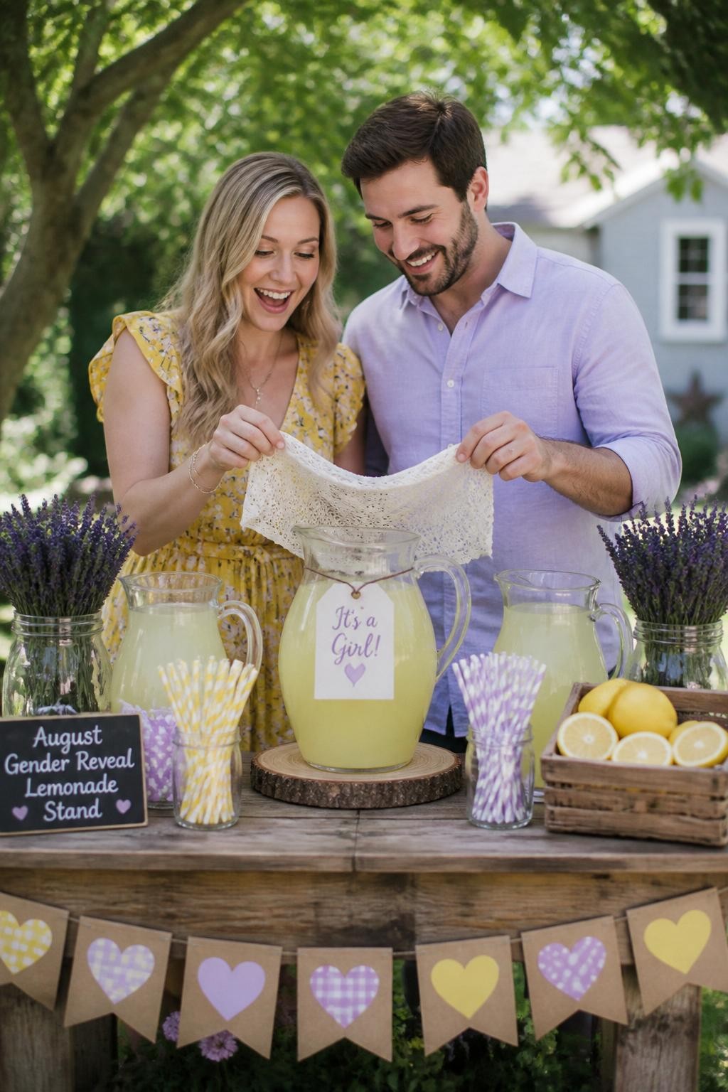 A realistic editorial photo of an August gender reveal lemonade stand, rustic wooden table, glass pitchers of lemonade, lavender bundles, lemon slices, striped straws, parents lifting a covered pitcher tag to reveal the baby message, soft yellow and purple summer styling, warm daylight, vertical DSLR photography