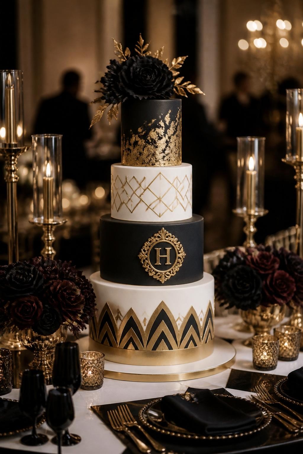 Image Prompt: Ultra-realistic wedding party photo of an extravagant black, white, and gold wedding cake with sharp clean tiers, elegant gold accents, and dramatic high-contrast styling. Place it on a luxury cake table in a formal evening wedding reception with candles, dark florals, gold decor, fine table settings, and a softly blurred venue background. No visible faces. If guests appear, show only back views, side silhouettes, cropped hands, or neck-down figures. Realistic fondant texture, rich gold shine, moody elegant lighting, DSLR editorial wedding photography. (no watermarks on images)