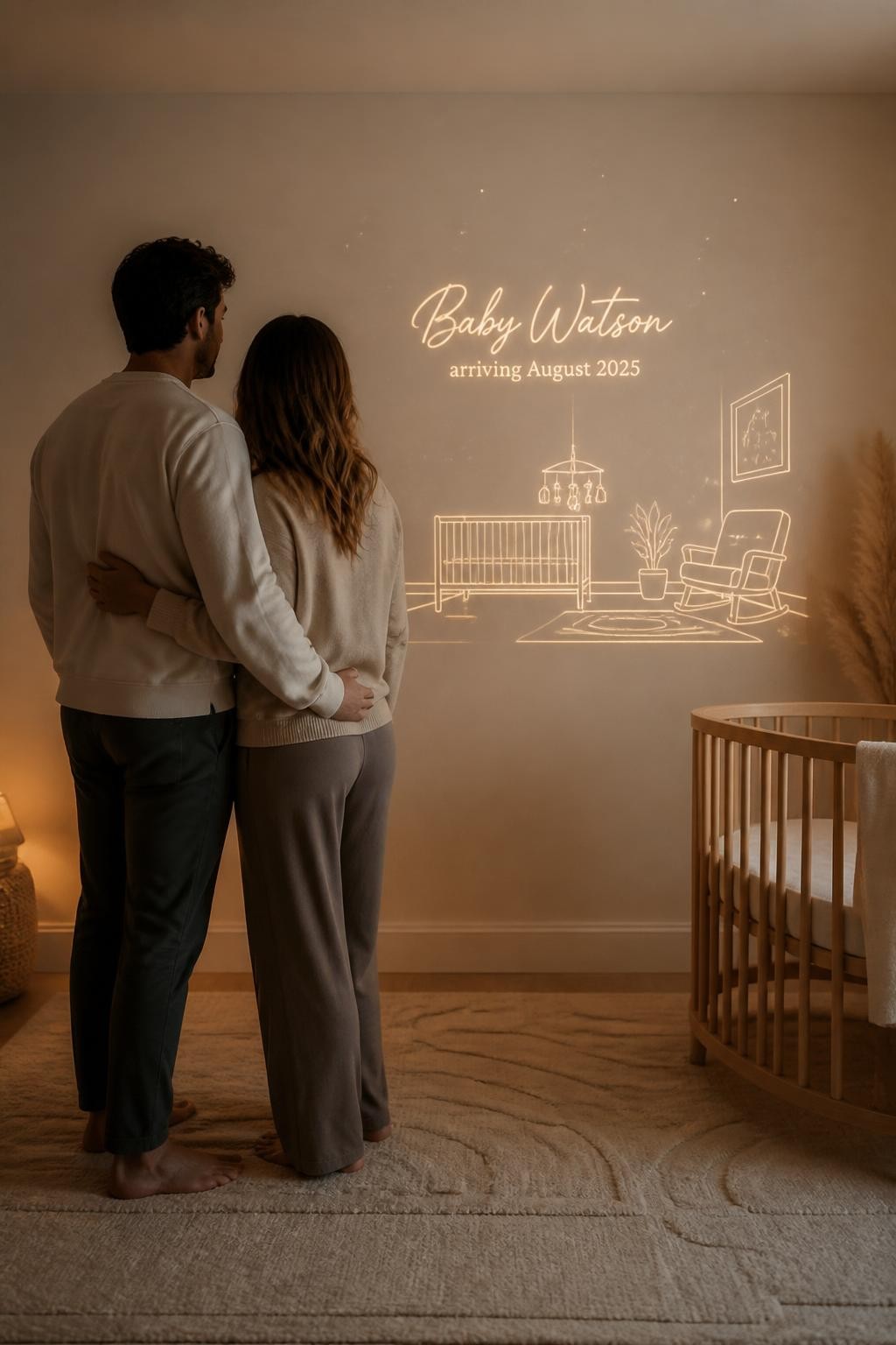 A realistic photo of a blank nursery wall at home with a soft digital projection, parents standing close together, projected nursery sketch and baby announcement glowing in one reveal color, minimal crib corner, neutral rug, warm lamps, modern futuristic but cozy atmosphere, editorial lifestyle photography, vertical composition