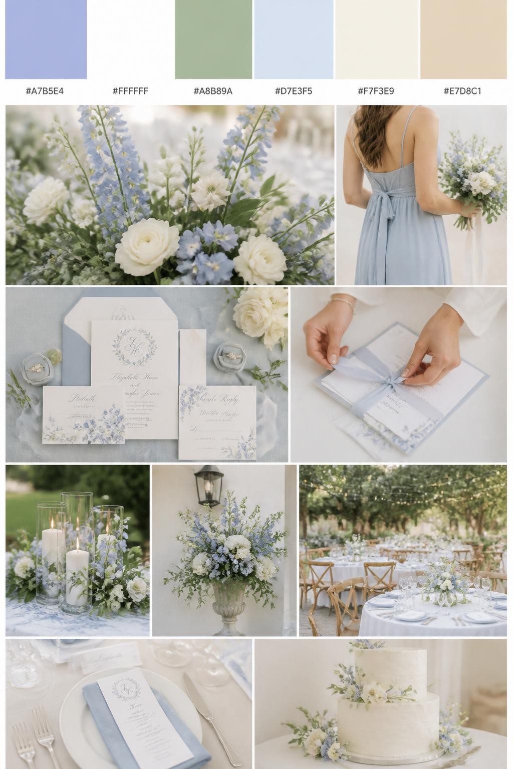 mage Prompt:
A realistic wedding color palette collage with a top row of swatches and hex codes in periwinkle, white, soft green, pale blue, ivory, and warm beige. Below, show realistic wedding details such as periwinkle flowers, white roses, greenery, elegant stationery, hands tying an invitation suite, a cropped-from-neck bridesmaid dress detail, and a bright garden reception setup. Keep all people shown from the back, side, or cropped below the face, and include some no-people decor scenes for variety. The mood should feel fresh, cheerful, soft, and romantic with DSLR-quality realism. 9:16 vertical format. (no watermarks on images)