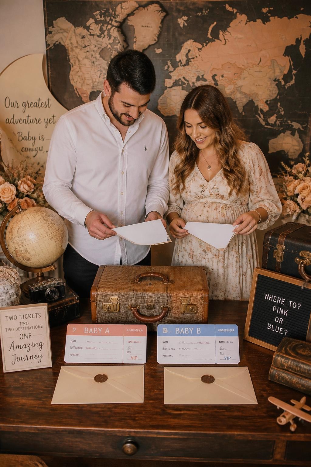 A realistic editorial photo of a creative twin gender reveal party table styled like a tiny travel desk, two boarding-pass style cards labeled Baby A and Baby B, cream envelopes, vintage suitcase, flowers, parents opening two ticket sleeves to reveal baby messages, warm stylish lighting, vertical DSLR photography