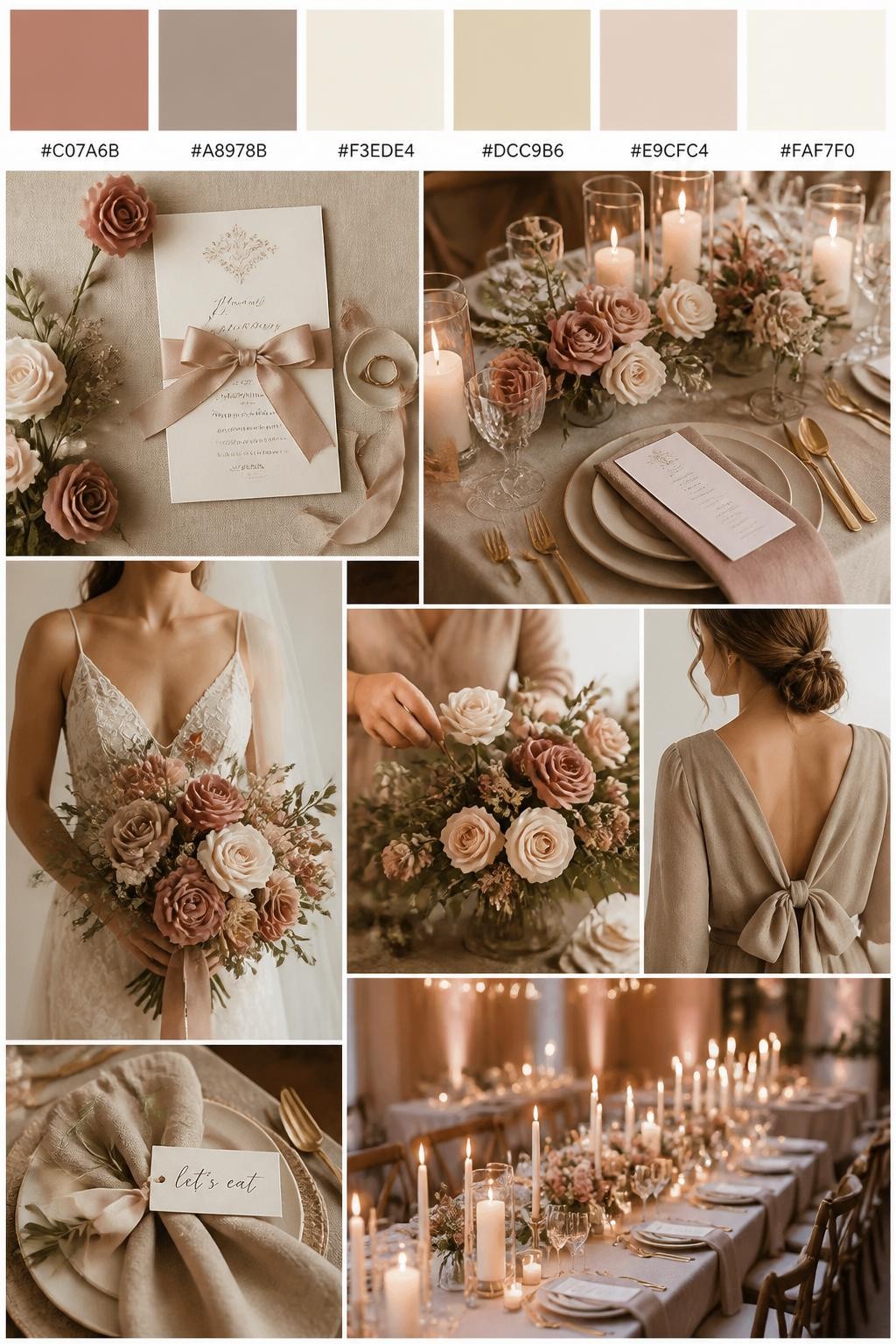 Image Prompt:
A realistic wedding inspiration mood board with a top strip of swatches and hex codes in cinnamon rose, taupe, cream, warm beige, blush nude, and ivory. Below, create a polished collage with taupe linens, cinnamon rose flowers, cream candles, elegant table settings, silk ribbon stationery, a cropped dress shot from below the chin, hands arranging flowers, and candlelit reception decor. Use a mix of no-people flat lays, bouquet close-ups, back-view styling, and side-angle detail photos with no visible full faces. The mood should feel soft, elegant, warm, and refined with realistic DSLR photo quality. 9:16 vertical format. (no watermarks on images)