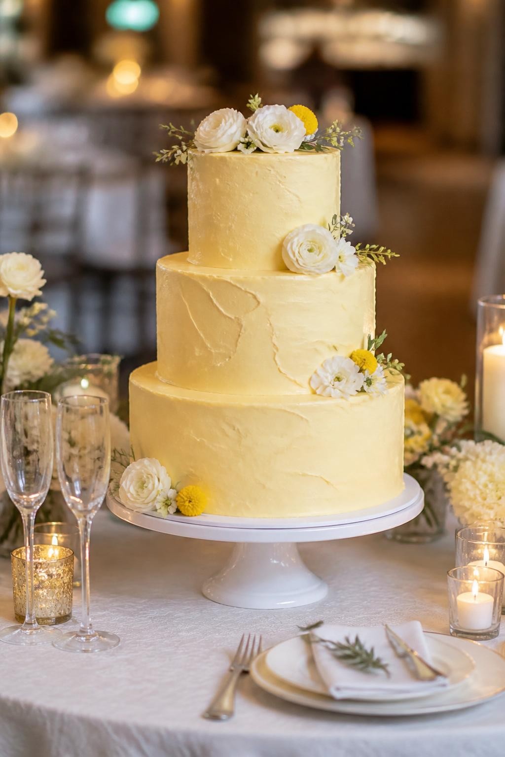 Image Prompt: Ultra-realistic wedding party scene featuring a textured lemon buttercream wedding cake with pale lemon-yellow frosting, soft palette-knife buttercream texture, and a few delicate floral accents. Place the cake on an elegant reception cake table with candles, white and yellow flowers, glassware, fine linens, and a softly blurred wedding venue background. Keep the cake as the hero of the image. No visible faces. If people appear, show only cropped hands, side views in blur, back views, or neck-down figures. Realistic buttercream texture, soft lemon shade, DSLR wedding realism. (no watermarks on images)