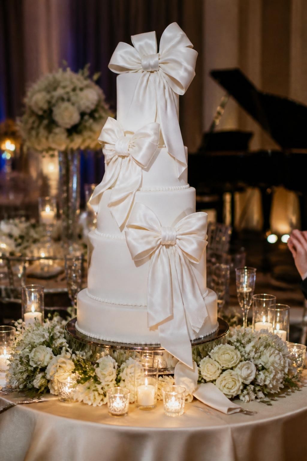 Image Prompt: Ultra-realistic wedding reception photo of an extravagant wedding cake decorated with oversized sculptural fondant bows and soft ribbon-like details across tall elegant tiers. Place the cake on a stylish cake table at a real wedding party scene with candles, floral arrangements, fine linens, and a softly blurred upscale venue background. The cake should be the hero of the shot. No visible faces. If people appear, show only blurred back views, side views, cropped hands, or figures from the neck down. Realistic fondant bow texture, soft flattering light, DSLR editorial wedding style. (no watermarks on images)