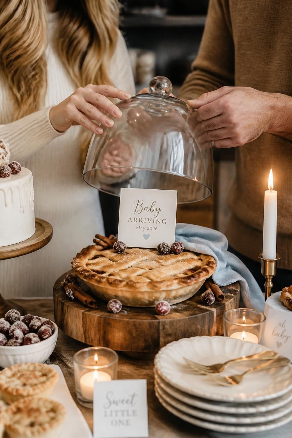 A realistic editorial photo of a chic November gender reveal dessert table, warm pie under a glass dome, cream plates, cinnamon sticks, sugared cranberries, candles, parents lifting the dome to reveal a hidden baby message card and soft color detail beside the pie, cozy bakery styling, DSLR food photography