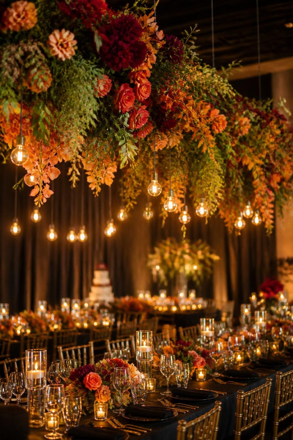 Realistic DSLR photo of a vivid fall wedding reception with a suspended floral installation overhead, featuring hanging orange blooms, burgundy flowers, golden foliage, plum accents, trailing greenery, and warm string lights above long reception tables, luxurious indoor venue, dramatic romantic lighting.