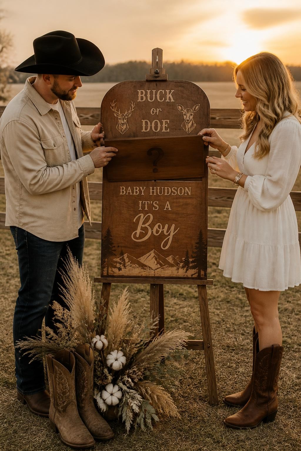 A realistic editorial photo of a polished western gender reveal setup with a custom wood sign on an easel, faux ranch branding style artwork, leather details, dried florals, boots, parents flipping the sign panel to reveal the baby message, elegant western styling, sunset outdoor lighting, DSLR photography