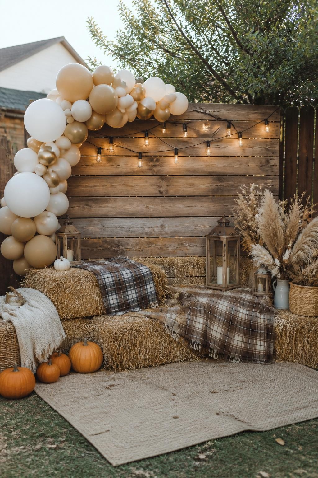 Image Prompt:
A single realistic photo of a rustic party photo corner with stacked hay bales forming a low backdrop base, a wooden wall behind them, plaid blankets, neutral balloon clusters, lanterns, dried flowers, pumpkins, woven baskets, outdoor backyard party setting, no people, no faces, golden natural light, realistic lifestyle event photography, no text, no watermark.