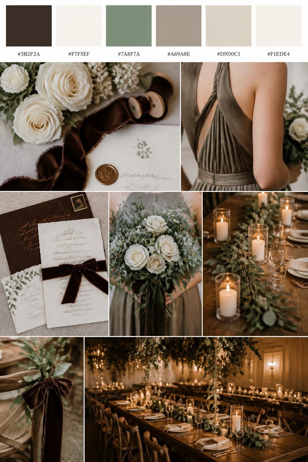 Image Prompt:
A realistic wedding mood board with a top strip of color swatches and small hex codes in espresso brown, ivory, sage green, warm taupe, soft beige, and cream. Below, show a romantic collage of wedding details: espresso velvet ribbon, ivory roses, sage greenery, wood reception tables, candlelit styling, invitation flat lays, a cropped bridesmaid dress detail from the neck down, hands holding a bouquet, and a no-people reception table glowing under warm candlelight. Keep the collage polished, rich, and natural with DSLR-style realism. Use no clear faces, with side angles, back views, detail-only shots, and no-people scenes. 9:16 vertical format. (no watermarks on images)