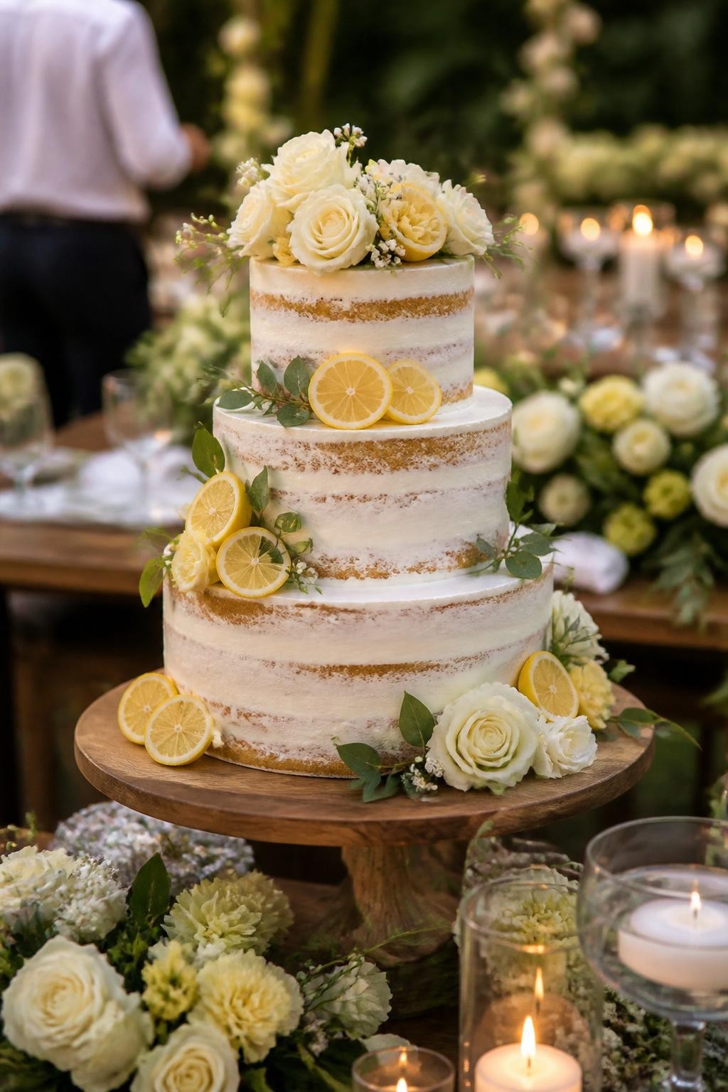 Image Prompt: Ultra-realistic wedding reception photo of a semi-naked lemon wedding cake with lightly frosted tiers, visible cake layers, fresh lemon slices, and soft flowers arranged naturally around the cake. Use white roses, pale yellow blooms, and delicate greenery. Place the cake on a wooden or elegant cake stand at a real wedding reception with candles, linen table styling, floral centerpieces, and a softly blurred garden or rustic wedding backdrop. No visible faces. If guests appear, show only back views, side views in blur, cropped hands, or neck-down figures. Realistic cake crumb texture, fresh lemon texture, warm DSLR wedding photography. (no watermarks on images)