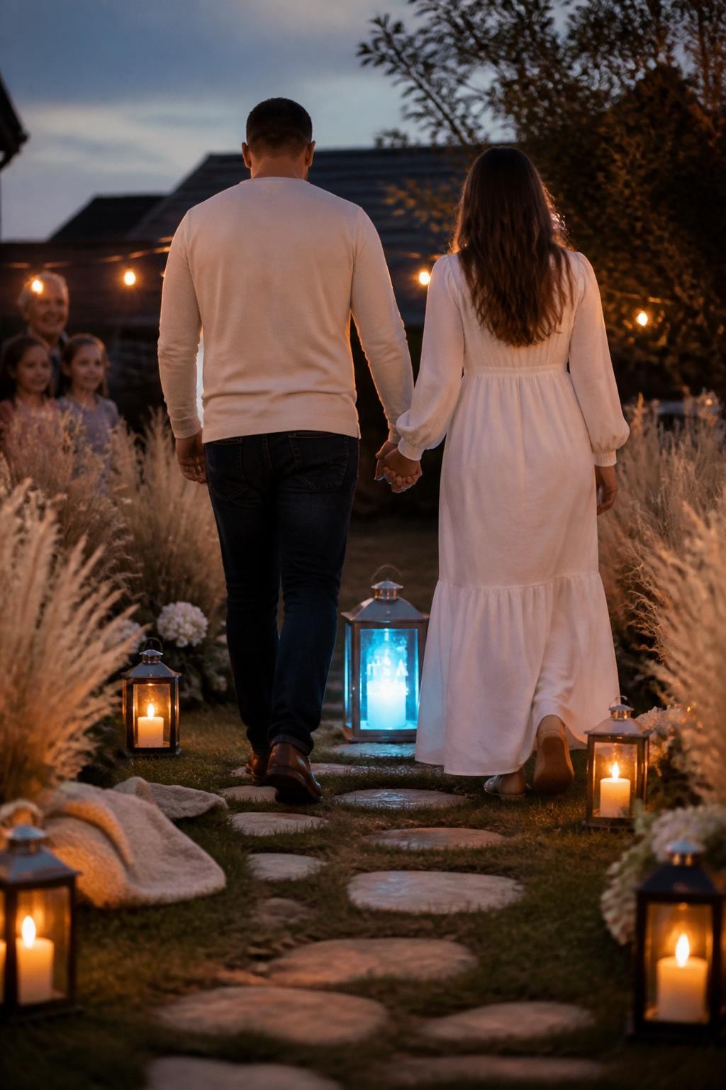 A realistic editorial photo of a September gender reveal in a backyard at twilight, lanterns lining a short garden path, dried grasses, cream flowers, soft blankets, parents walking toward a final lantern glowing in one reveal color, small family watching, warm early fall evening atmosphere, vertical DSLR photography