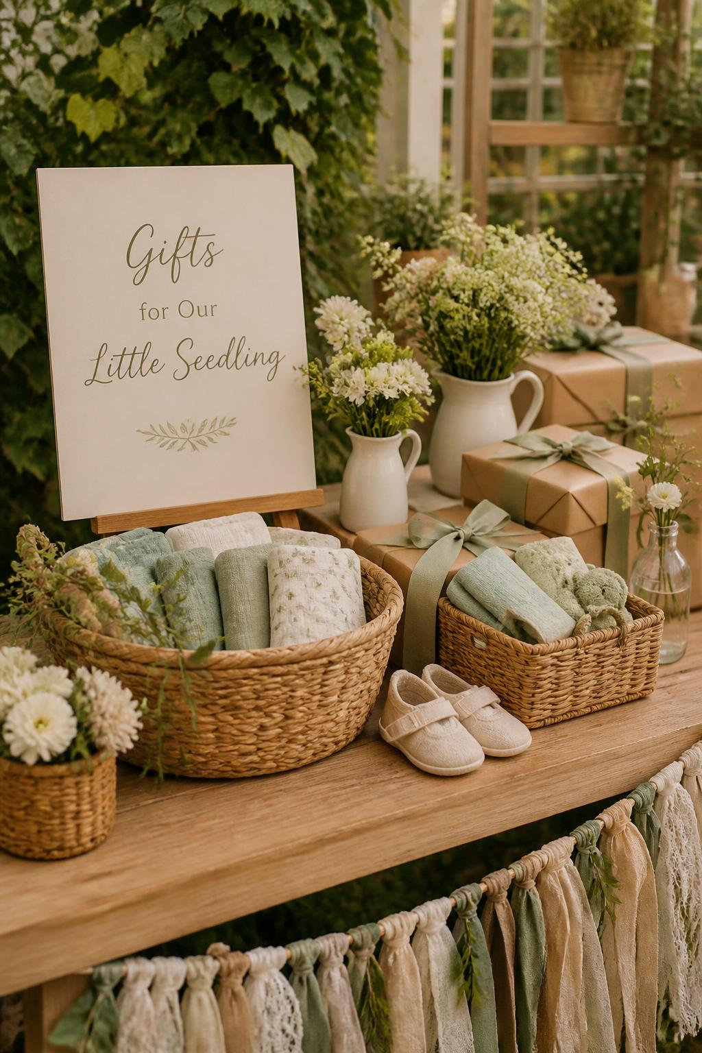 A realistic single-image baby shower gift table styled with woven baskets, folded muslin blankets, wrapped gifts in kraft paper and sage ribbon, fresh flowers in small pitchers, tiny baby shoes placed near a basket, a soft cream sign reading “Gifts for Our Little Seedling,” wooden table, garden party corner with greenery in the background, no people, no faces, natural editorial decor photo, soft warm daylight, no watermarks on images