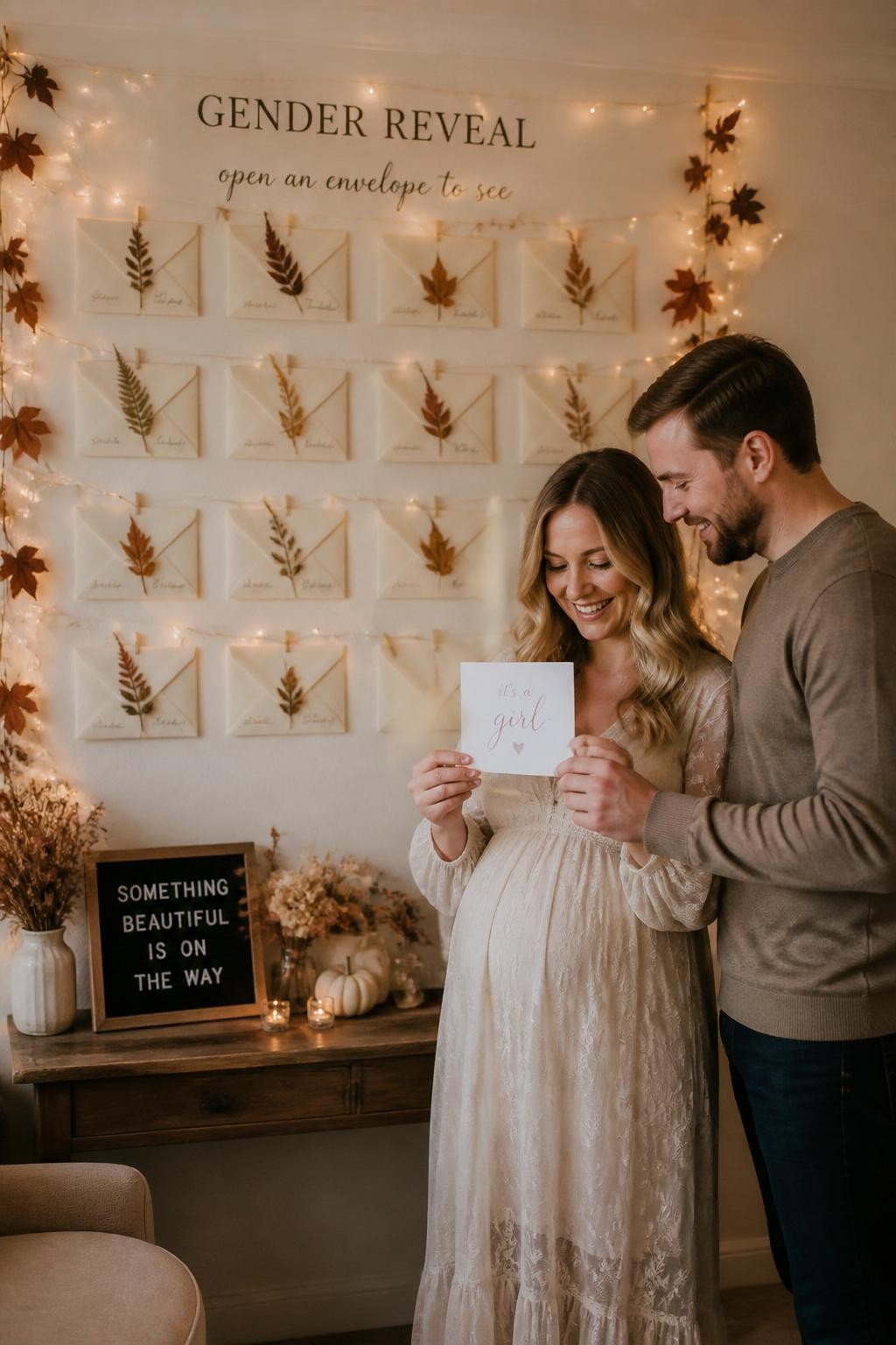 A realistic photo of a creative fall gender reveal wall with cream envelopes, pressed autumn leaves, handwritten notes, warm fairy lights, parents opening the final envelope with a hidden reveal card inside, soft neutral fall decor, intimate home party setting, editorial lifestyle photography, vertical composition