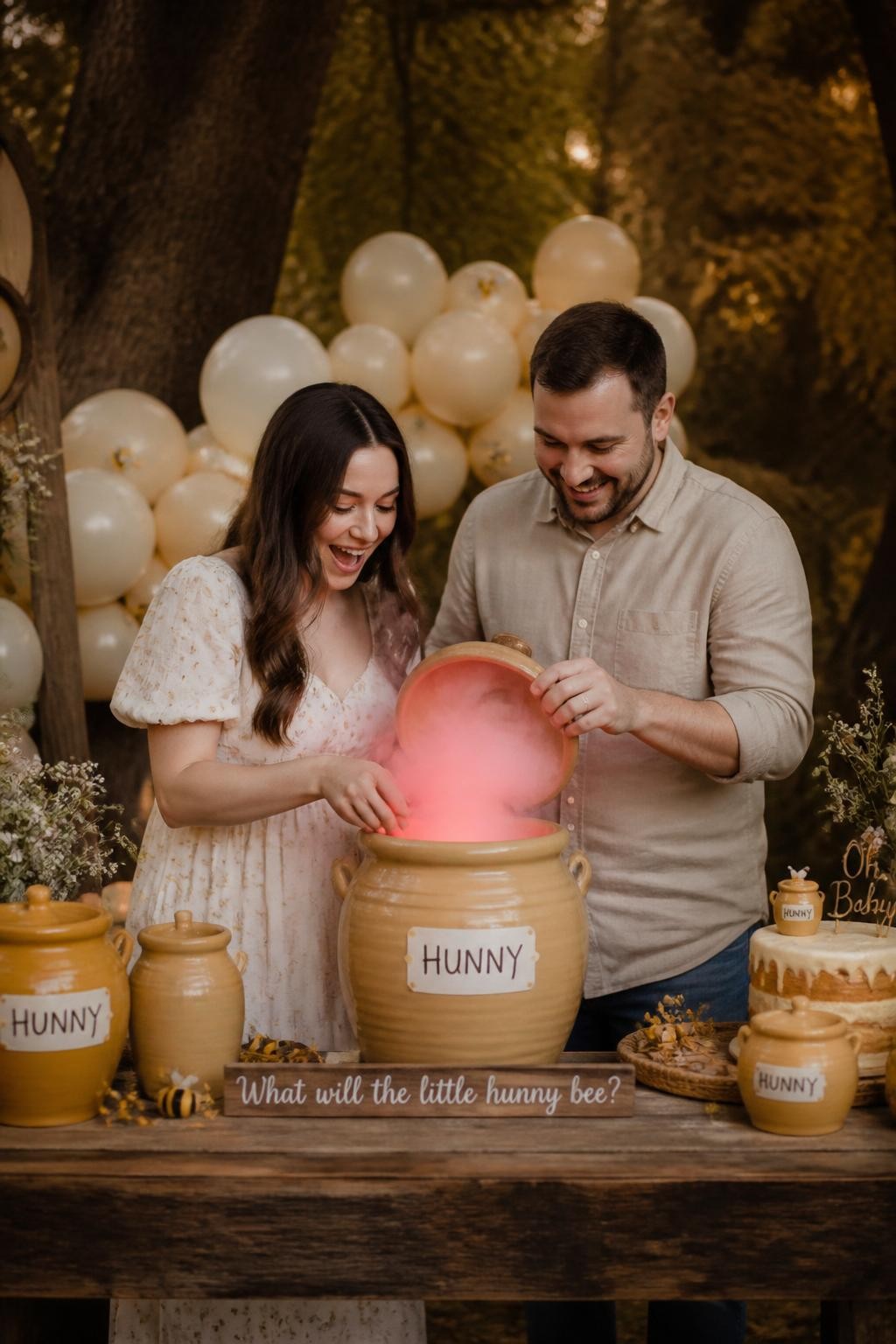A realistic editorial photo of a Winnie the Pooh-inspired gender reveal party, not Disney style, warm honey-yellow woodland decor, ceramic honey pots on a rustic table, soft cream balloons in the background, tiny bee details, parents opening one large honey pot glowing with one reveal color from inside, cozy golden lighting, DSLR lifestyle photography, vertical composition