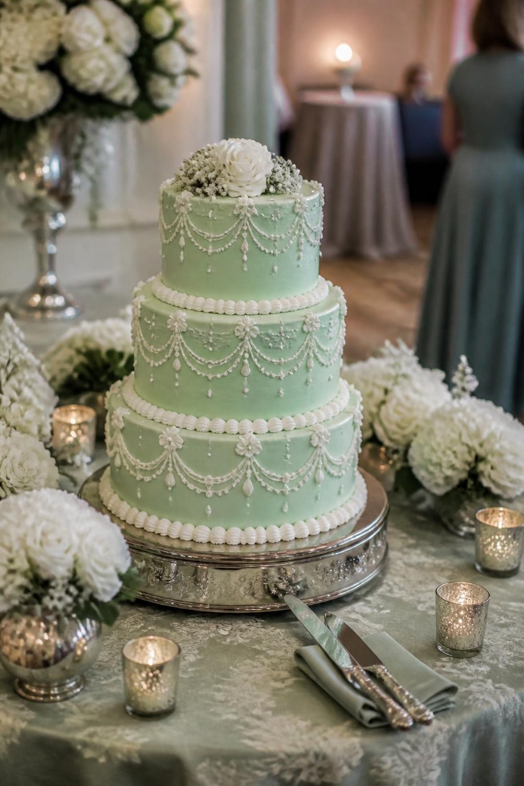 Image Prompt: Ultra-realistic wedding party scene showing a beautiful mint green retro wedding cake with elegant piped white borders, pearl details, and soft vintage styling across the tiers. Place the cake on an elegant reception cake table with candles, white flowers, silver accents, fine linens, and a softly blurred wedding venue background. Keep the cake as the clear focal point. No visible faces. If people appear, show only back views, side views in soft blur, cropped hands, or neck-down figures. Realistic pastel mint icing, detailed piping, soft wedding lighting, DSLR realism. (no watermarks on images)