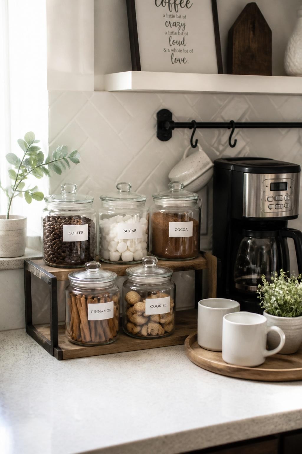 A realistic DSLR photo of a small kitchen countertop coffee bar styled with clear glass jars, each jar filled with coffee beans, sugar cubes, cocoa powder, cinnamon sticks, and mini cookies, simple white labels on the jars, compact coffee maker beside them, white mugs on a small tray, warm morning light, clean neutral backsplash, cozy budget-friendly home decor styling, no people.