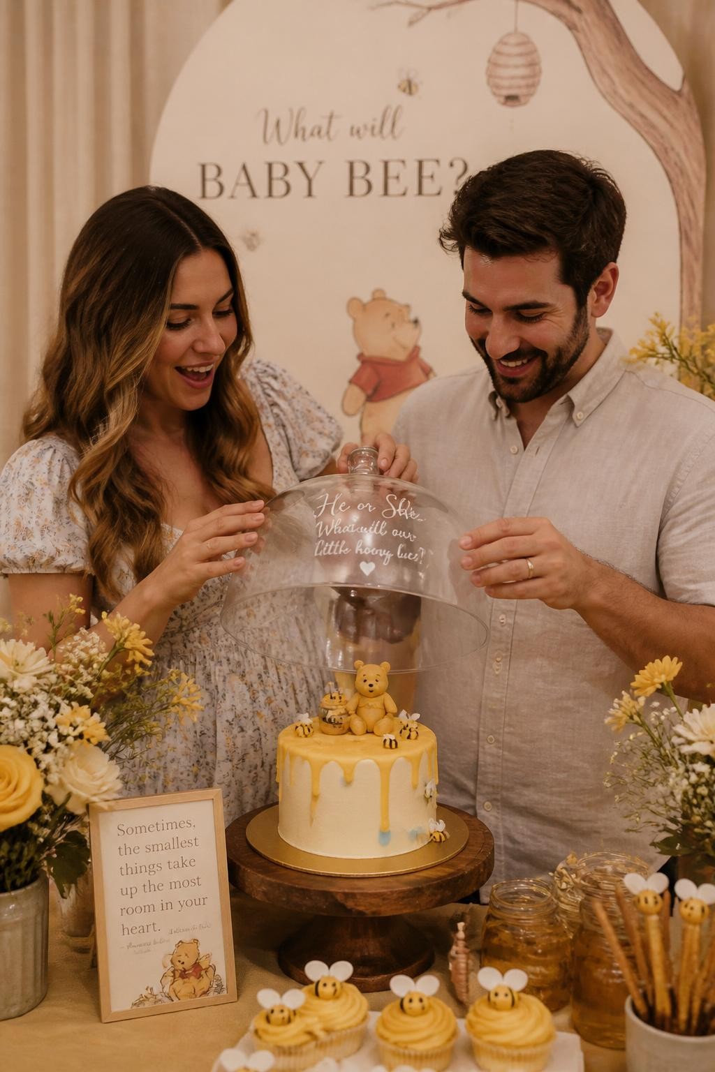 A realistic editorial photo of a Winnie the Pooh-inspired gender reveal dessert table, cream mini cake under a glass dome, honey drizzle, edible bees, soft yellow flowers, parents lifting the dome to reveal one hidden color detail on the cake, warm golden lighting, DSLR bakery photography