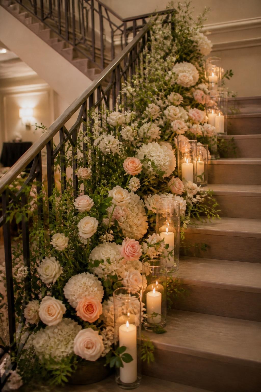 Image Prompt:
A single realistic photo of a dramatic flower backdrop styled on indoor stairs, with white and blush flowers flowing along the stair rail and steps, candles in glass holders placed safely at different heights, soft greenery, polished indoor event venue, no people, no faces, warm romantic lighting, realistic event photography, no text, no watermark.