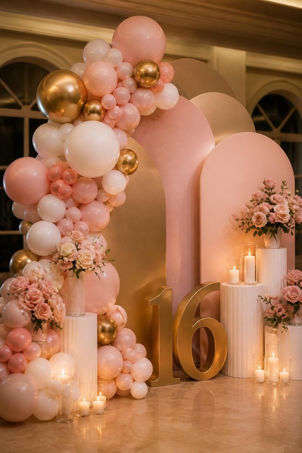 Image Prompt:
A single realistic editorial-style photo of a gorgeous Sweet 16 party backdrop with layered blush pink and champagne gold curved panels, organic balloon garland in blush, white, and gold, a large gold number 16 prop at the base, white plinths, soft pink roses, warm candle clusters, elegant indoor birthday venue, no people, no faces, soft flattering lighting, realistic luxury event photography, no text, no watermark.