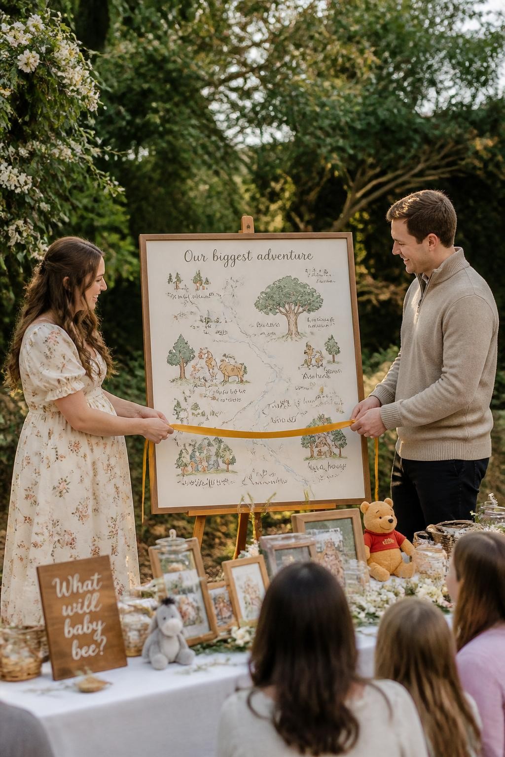 A realistic editorial photo of a storybook woodland gender reveal table inspired by Winnie the Pooh, not Disney style, large illustrated forest map on an easel, soft beige and honey colors, parents pulling a ribbon to reveal the final path on the map in one reveal color, guests watching, rustic garden party setting, DSLR photography
