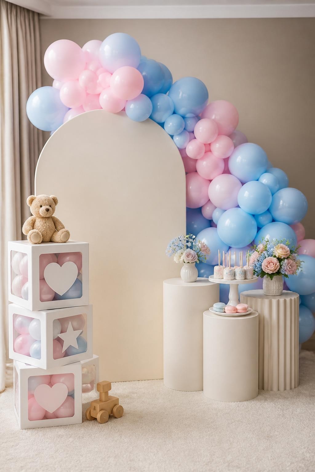 Image Prompt:
A single realistic photo of a gender reveal backdrop with oversized white baby blocks stacked beside a cream arch panel, pastel pink and baby blue balloon garland flowing across the top, soft ivory carpet, small toy details, neutral dessert plinths, subtle blush and blue floral accents, clean indoor event space, no people, no faces, soft daylight, realistic editorial party photo, no text, no watermark.