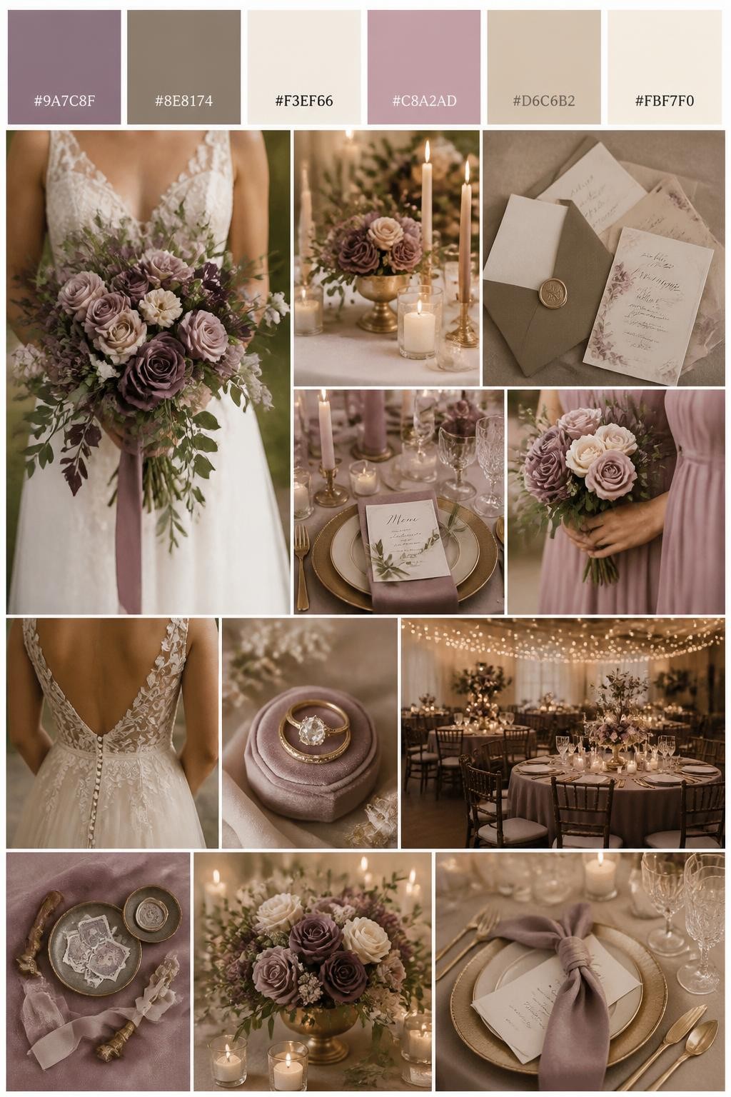 Image Prompt:
A realistic wedding color mood board in a vertical collage style. Add a top strip of palette swatches with hex codes in mauve purple, taupe, ivory, dusty rose, warm beige, and soft cream. Below, show realistic wedding details like mauve flowers, taupe linens, ivory candles, romantic table settings, elegant invitations, a bouquet held in front of the body with no face shown, back-view bridal detail shots, and a warm no-people reception scene. Use no clear faces, with a mix of cropped body details, hands-only shots, and no-people styling scenes. The look should feel soft, elegant, romantic, and polished with DSLR realism. 9:16 vertical format. (no watermarks on images)