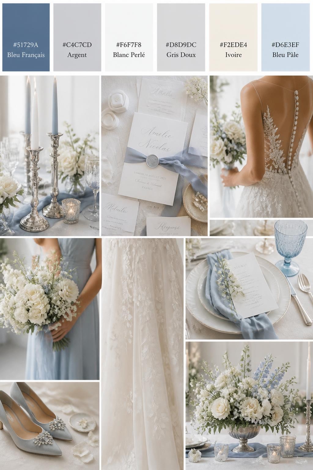 Image Prompt:
A realistic wedding inspiration collage with a top color strip showing hex-coded swatches in French blue, silver, pearl white, soft gray, ivory, and pale blue. Below the palette strip, create a realistic wedding mood board with silver candle holders, French blue ribbon details, pearl-toned flowers, invitation flat lays, cropped dress detail shots, hands holding a bouquet, and no-people decor scenes in soft natural light. Use back views, side views, shoulder-down crops, and detail-only shots so no full faces are visible. The mood should feel soft, refined, romantic, and elegant with DSLR-style realism. 9:16 vertical format. (no watermarks on images)