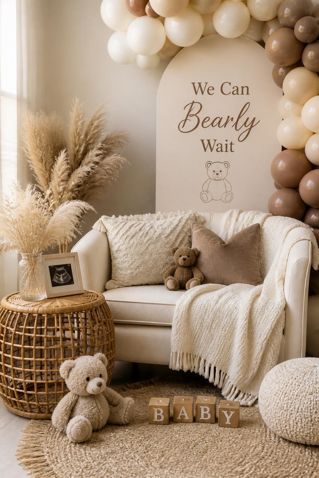Image Prompt:
A realistic single-image nursery-inspired baby shower lounge, cream loveseat, soft teddy bears, knitted baby blankets, rattan side table, pampas grass, beige rug, small wooden blocks spelling “BABY,” cream and taupe balloon garland, sign reading “We Can Bearly Wait,” cozy indoor party lounge corner, no people, no faces, soft window light, editorial interior decor photography, realistic cozy textures, no watermarks on images