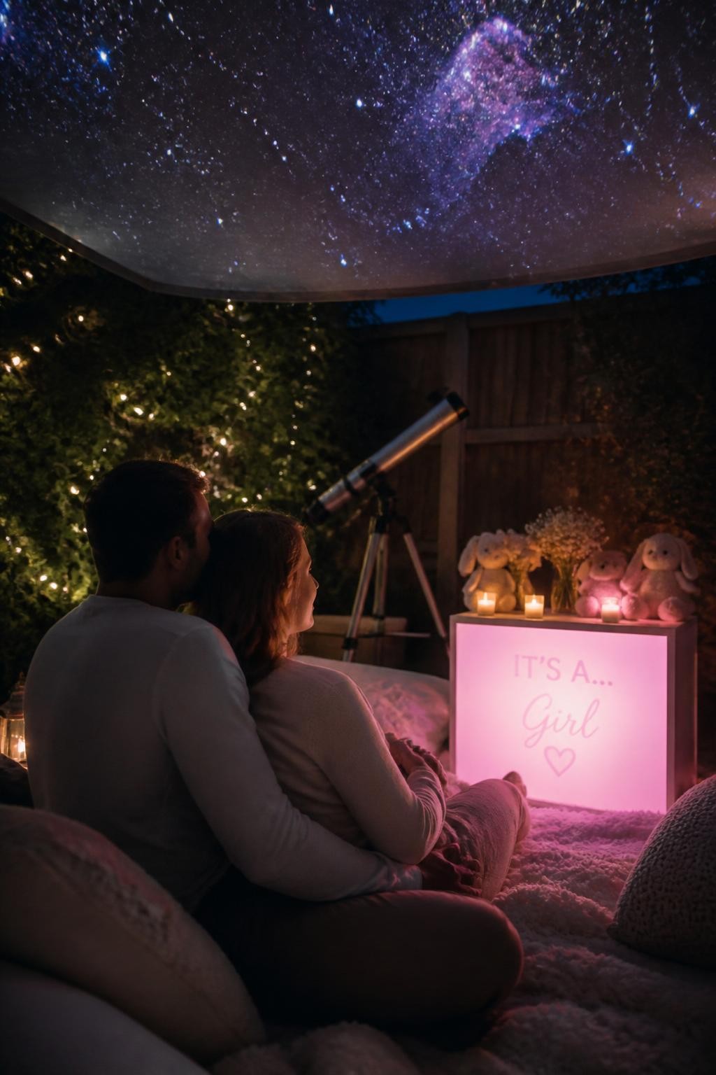 A realistic editorial photo of an intimate nighttime gender reveal in a backyard or bedroom, soft blankets, floor cushions, telescope nearby, star projector casting stars across the ceiling or sky tent, parents cuddled together as one reveal color glows softly, dreamy and romantic atmosphere