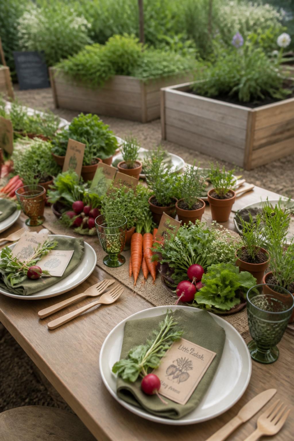 A realistic single-image baby shower table decor scene inspired by a tiny vegetable patch, long table with mini carrots, radishes, leafy greens, herbs, small terracotta pots, brown paper place cards shaped like seed packets, soft cream plates, sage napkins, wooden utensils, garden party setting with raised beds in the background, no people, no faces, natural daylight, editorial decor photo, realistic vegetables and textures, no watermarks on images