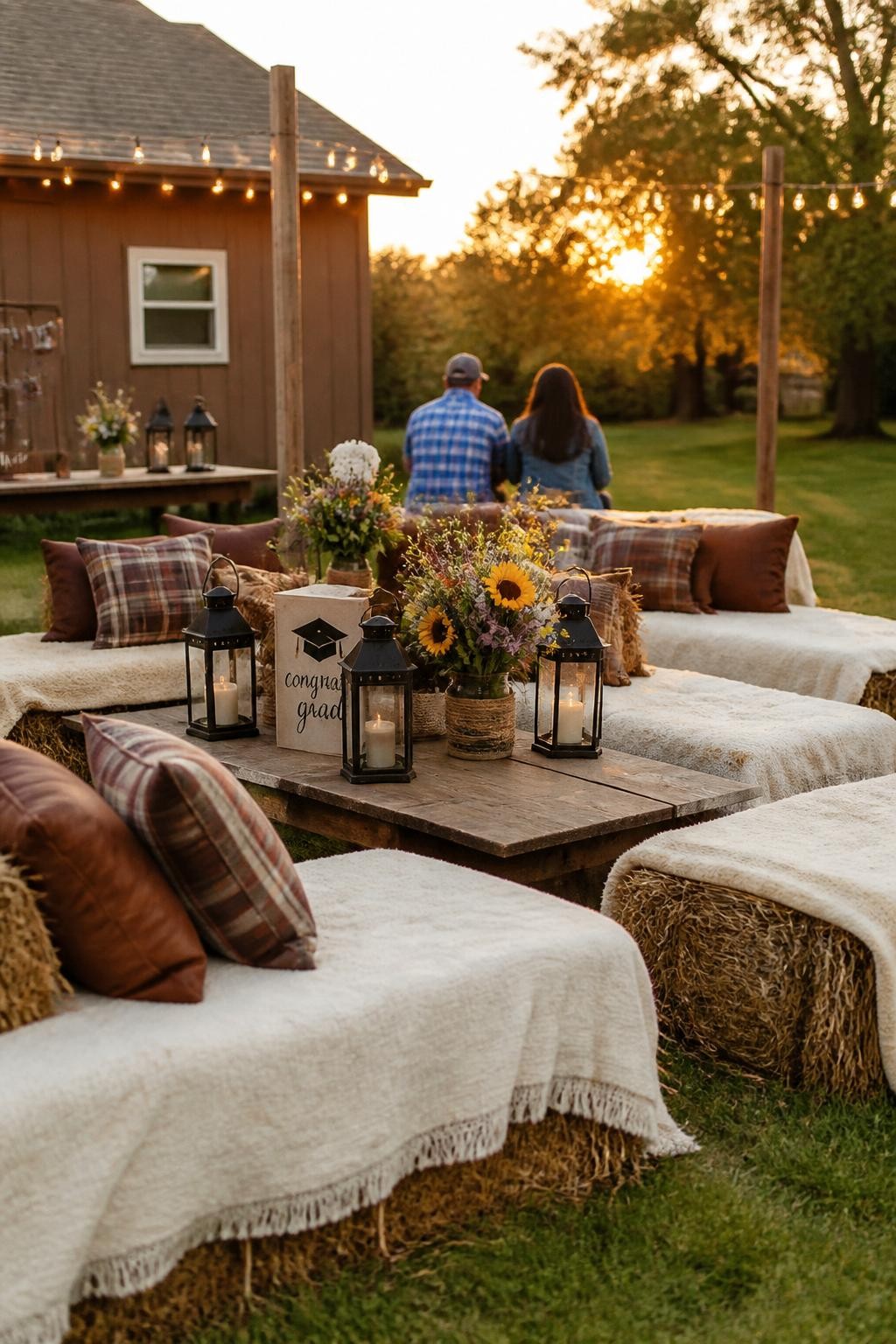 A realistic DSLR photo of a rustic graduation party lounge with hay bales covered in cream blankets, plaid pillows, a low wooden table, lanterns, wildflowers, string lights, and two guests sitting from behind softly out of focus, sunset backyard setting, realistic cozy event styling.