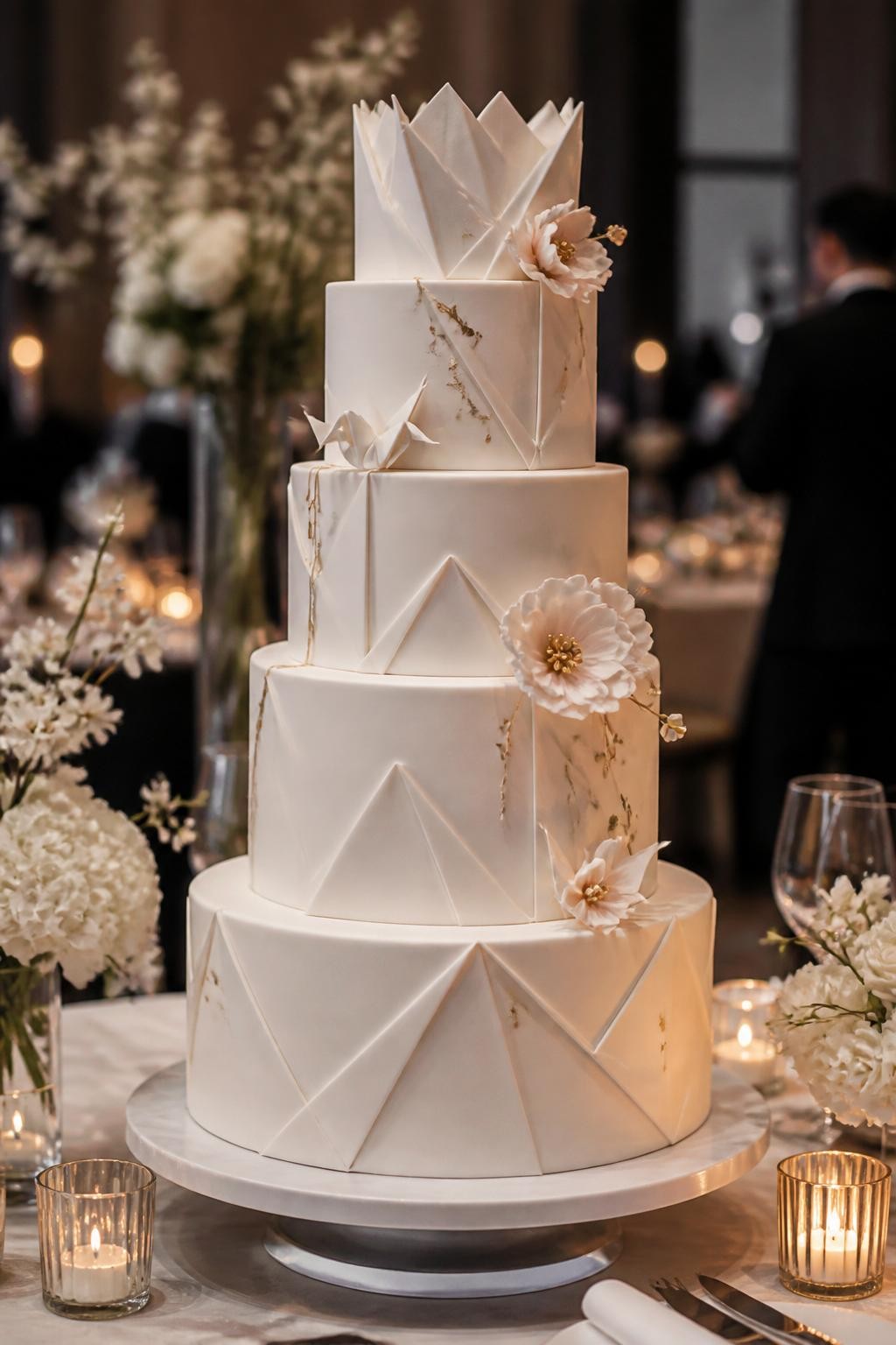Image Prompt: Ultra-realistic wedding party scene showing a Japanese-inspired origami wedding cake with smooth white or ivory tiers and elegant fold-like geometric details inspired by origami paper art. Add a few delicate flowers or subtle metallic accents for a romantic wedding finish. Place the cake on a polished reception cake table with candles, white flowers, fine linens, glassware, and a softly blurred modern wedding venue background. Keep the cake front and center. No visible faces. If guests appear, show only cropped hands, back views, side views in blur, or neck-down figures. Realistic crisp fondant folds, elegant texture, DSLR editorial wedding quality. (no watermarks on images)