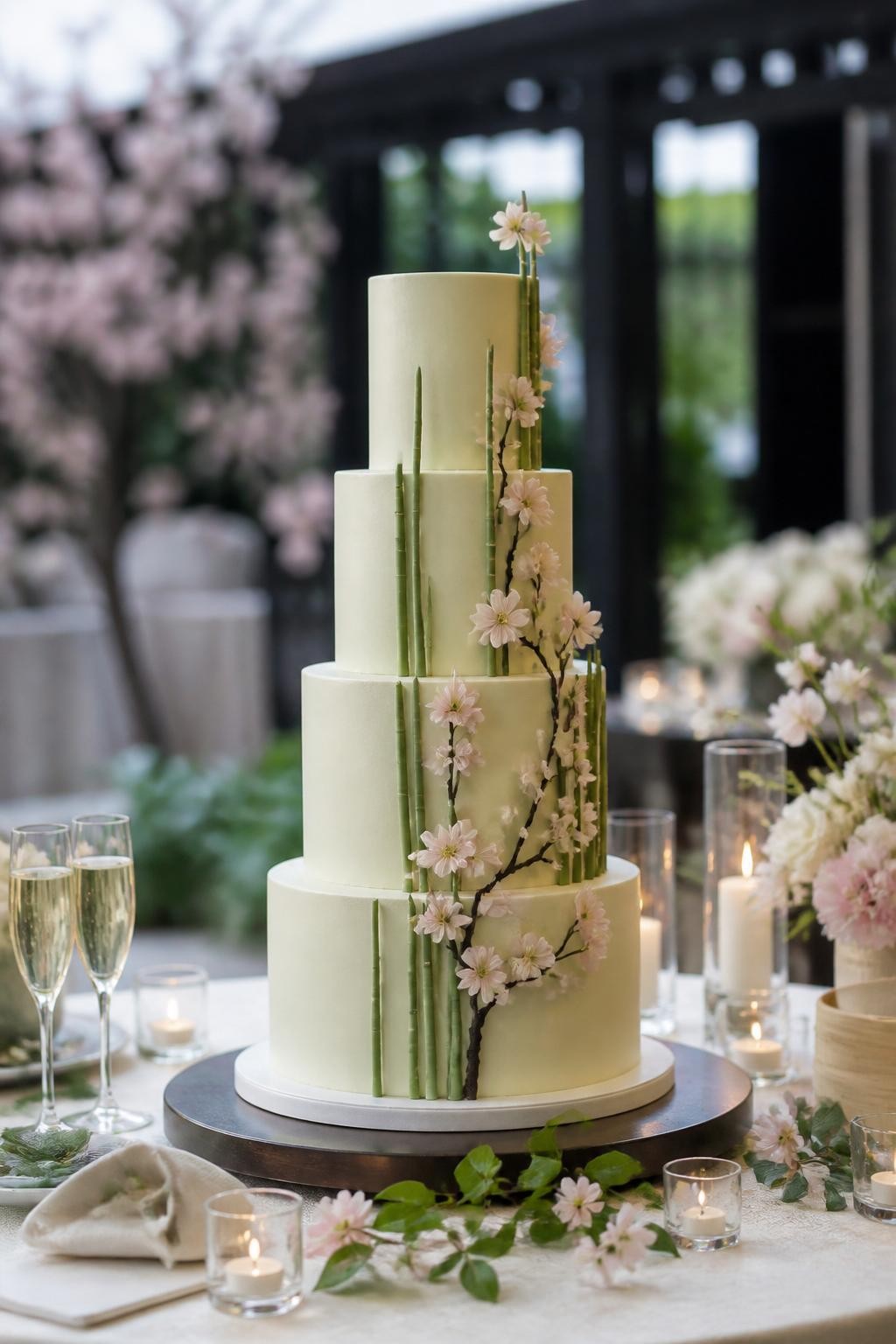 Image Prompt: Ultra-realistic wedding reception photo of a Japanese-inspired wedding cake with smooth ivory or pale green tiers, subtle bamboo-inspired decorative details, delicate cherry blossoms, and soft greenery. Place the cake on a styled wedding cake table with candles, floral centerpieces, fine linens, champagne glasses, and a softly blurred garden or elegant reception backdrop. Keep the cake as the main focus. No visible faces. If guests appear, show only back views, side views in blur, cropped hands, or neck-down figures. Realistic bamboo-inspired texture, blossom petals, soft natural DSLR wedding photography. (no watermarks on images)