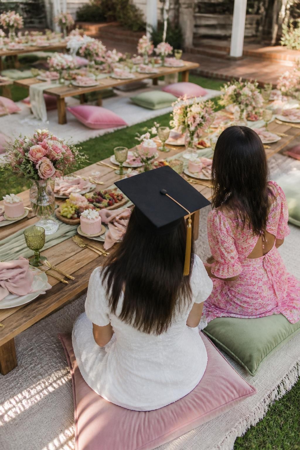 A realistic DSLR photo of a pink and green graduation garden picnic with low wooden tables, floor cushions, pink flowers, green glassware, fruit boards, mini cakes, linen napkins, and a graduate with a friend seated from behind in soft focus, sunny backyard lawn setting, realistic polished picnic styling.
