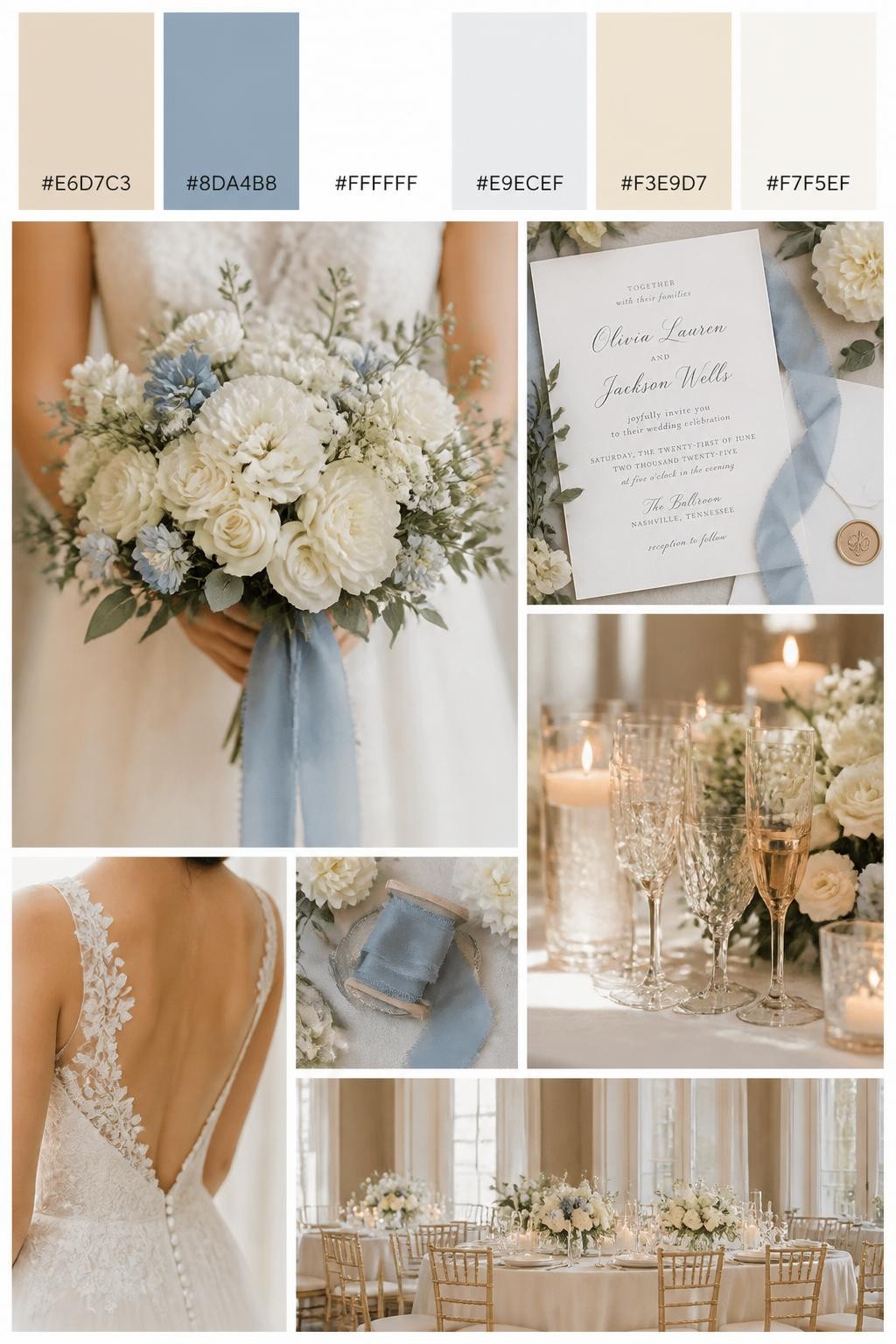 Image Prompt:
A realistic wedding color mood board in a vertical collage style. Add a top strip of palette swatches with hex codes in champagne, dusty blue, white, pale gray, warm beige, and pearl ivory. Below, show realistic wedding details like dusty blue ribbon, white flowers, champagne glassware, soft candles, elegant invitations, a bouquet held in front of the body with no face shown, back-view bridal detail shots, and a calm no-people reception scene. Use no clear faces, with a mix of cropped body details, hands-only shots, and no-people styling scenes. The look should feel soft, airy, romantic, and polished with DSLR realism. 9:16 vertical format. (no watermarks on images)