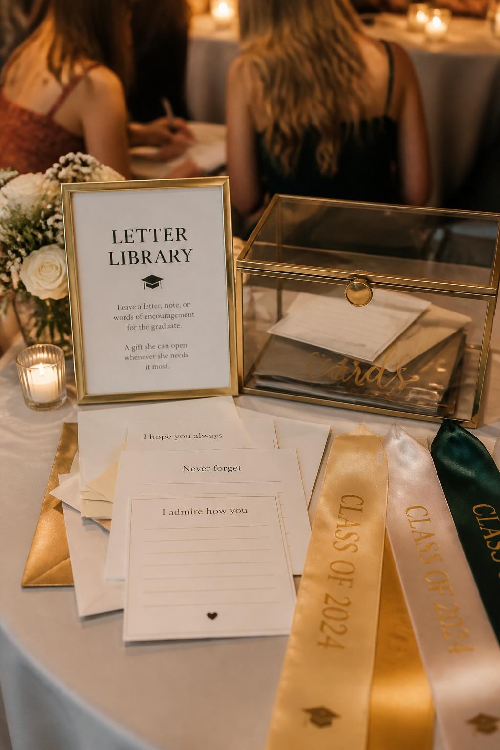 A realistic DSLR photo of a girl graduation party letter library with envelopes, handwritten prompt cards, flowers, candles, satin ribbons, a keepsake box, and two guests in the background writing notes with faces not visible and softly blurred, warm evening light, emotional realistic event styling.