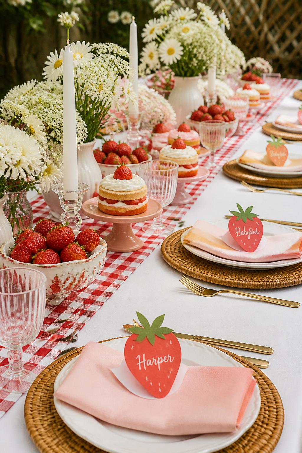 Image Prompt:
A realistic single-image baby shower table inspired by a strawberry patch, white tablecloth with small red gingham runner, bowls of fresh strawberries, strawberry shortcake desserts, tiny strawberry-shaped place cards, soft white flowers, pale pink napkins, woven chargers, garden party setting, no people, no faces, bright natural light, editorial tablescape photography, realistic strawberry textures, no watermarks on images