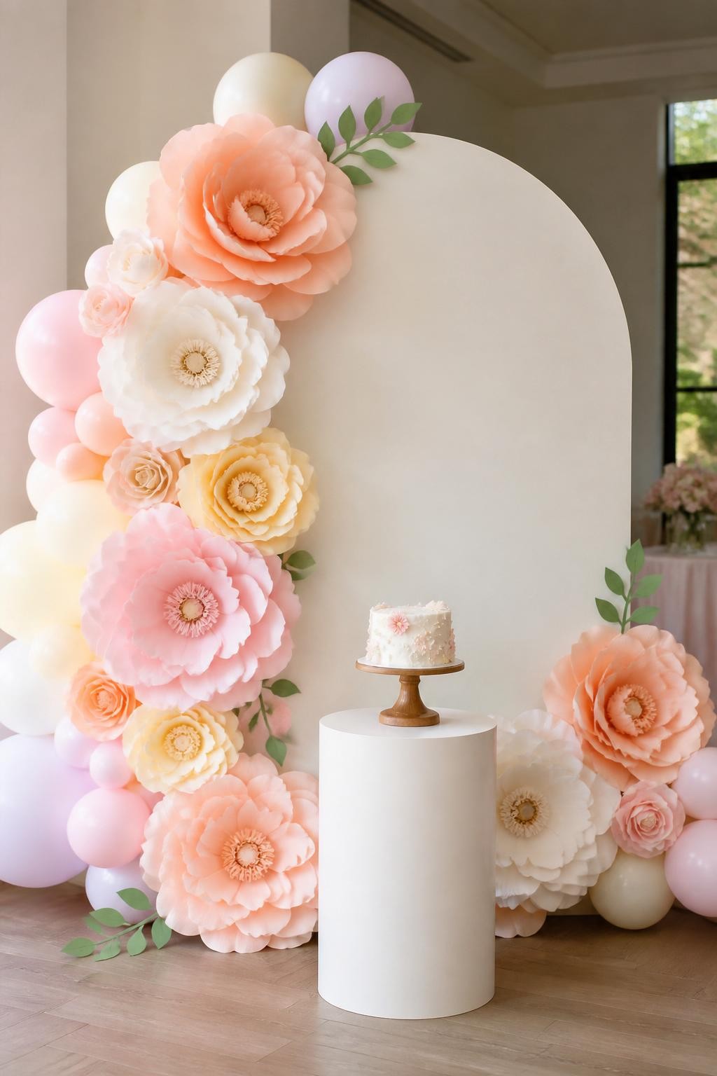 Image Prompt:
A single realistic photo of a handmade-style arch backdrop with a cream arch panel covered partly in oversized paper flowers in blush, peach, ivory, and soft yellow, a few green paper leaves, pastel balloon accents, a small cake stand in front, bright indoor celebration space, no people, no faces, realistic party photography, no text, no watermark.