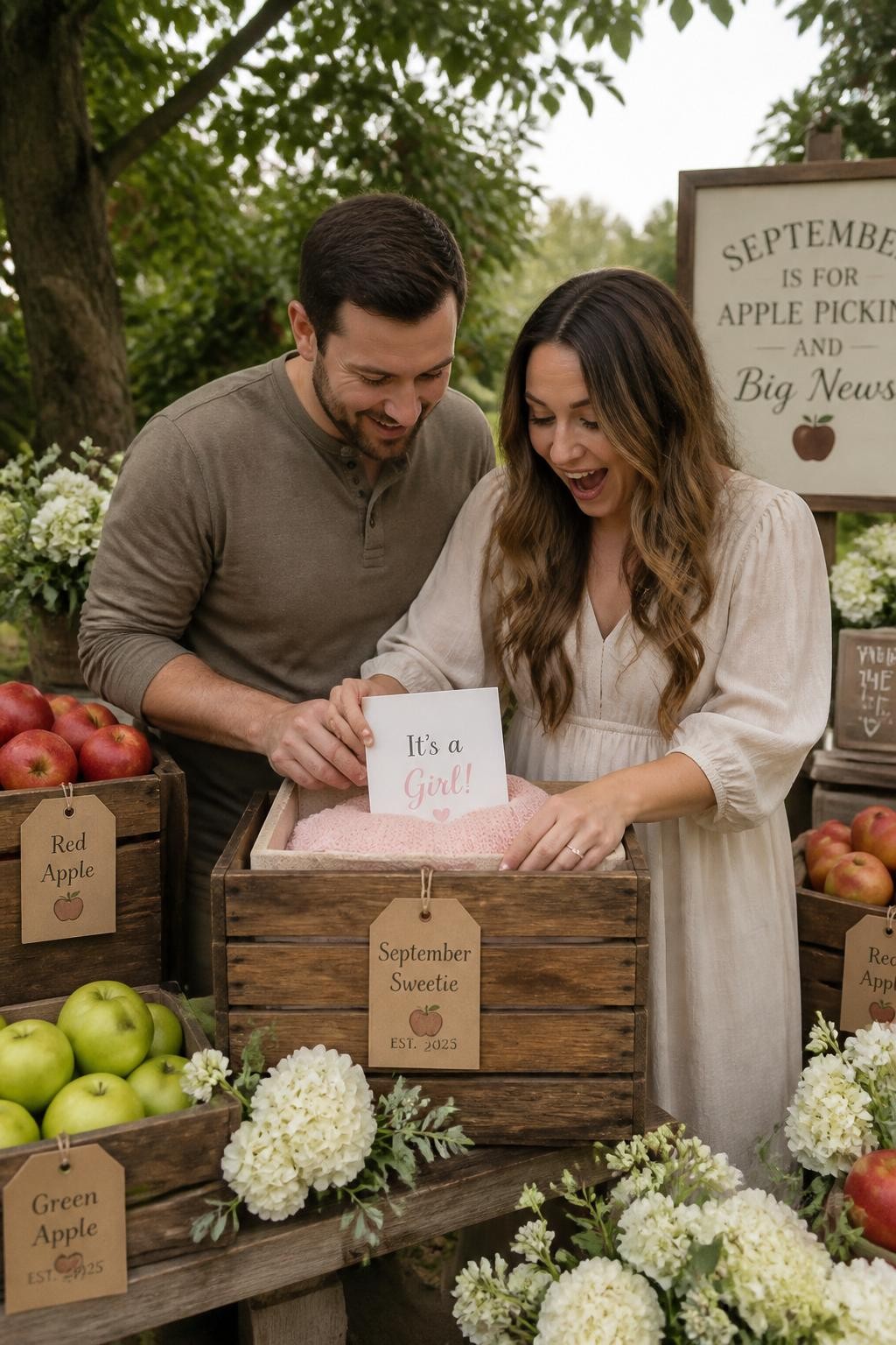 A realistic editorial photo of a September gender reveal styled like a small apple orchard stand, wooden crates filled with red and green apples, kraft paper tags, cream flowers, parents opening one marked apple crate to reveal a folded baby item and message card in one reveal color, warm outdoor daylight, elegant rustic party photography