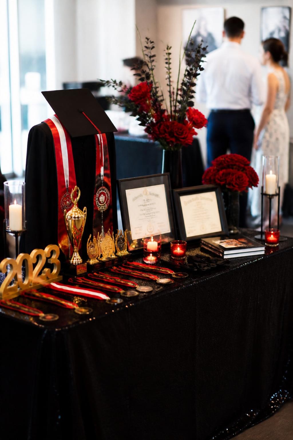 Image prompt: A realistic DSLR photo of a graduation display table with trophies, medals, framed certificates, a cap and gown, red floral accents, black table styling, candles, and two guests standing in the background reading the display with their backs turned and softly out of focus, bright indoor natural light, realistic polished event photography.