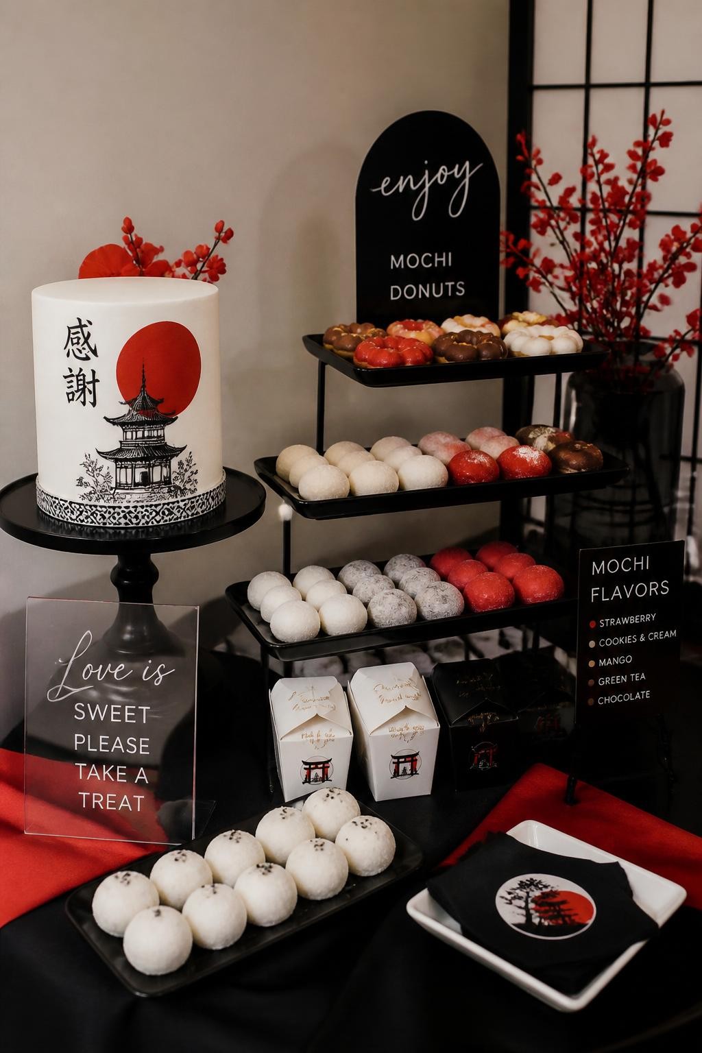 Image Prompt:
A realistic DSLR photo of a modern hibachi party dessert table with mochi, a minimalist cake, black and white platters, subtle red accents, acrylic signage, layered stands, and elegant party styling, no people, crisp editorial dessert display.