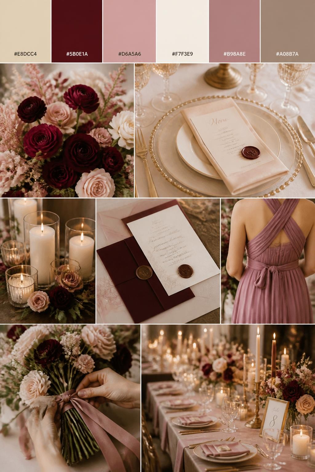 Image Prompt:
A realistic wedding inspiration mood board with a top row of swatches and small hex codes in champagne, burgundy, blush pink, ivory, dusty rose, and warm taupe. Under the palette strip, show a polished collage of burgundy flowers, blush blooms, champagne table details, ivory candles, elegant paper goods, a cropped bridesmaid dress image from the neck down, hands tying ribbon around a bouquet, and a romantic reception table with warm glowing accents. Use only back views, side views, detail crops, and no-people decor scenes to avoid face issues. DSLR-style realism, 9:16 vertical format. (no watermarks on images)