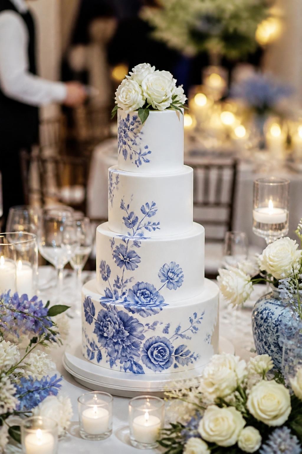 Image Prompt: Ultra-realistic wedding reception image of a white tiered wedding cake with delicate hand-painted blue floral patterns inspired by fine porcelain, styled on a beautiful cake table in a real wedding party scene. Include candles, white flowers, blue accents in the decor, glassware, and a softly blurred elegant reception background. Keep the cake in sharp focus. No visible faces. If people appear, show only side views in soft blur, back views, cropped hands, or neck-down figures. Realistic painted detail, refined cake finish, natural wedding lighting, editorial DSLR quality. (no watermarks on images)