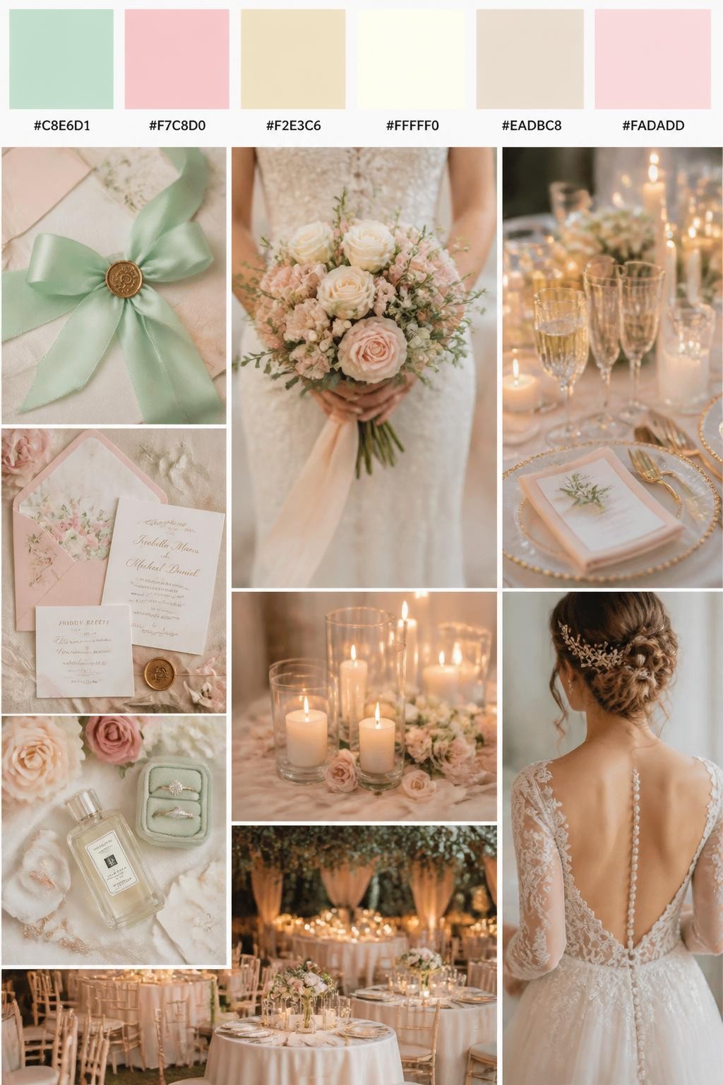Image Prompt:
A realistic wedding color mood board in a vertical collage style. Add a top strip of palette swatches with hex codes in mint green, blush pink, champagne, ivory, soft beige, and pale rose. Below, show realistic wedding details like mint ribbon, blush flowers, champagne glassware, romantic candles, elegant invitations, a bouquet held in front of the body with no face shown, back-view bridal detail shots, and a warm no-people reception scene. Use no clear faces, with a mix of cropped body details, hands-only shots, and no-people styling scenes. The look should feel cute, soft, romantic, and polished with DSLR realism. 9:16 vertical format. (no watermarks on images)
