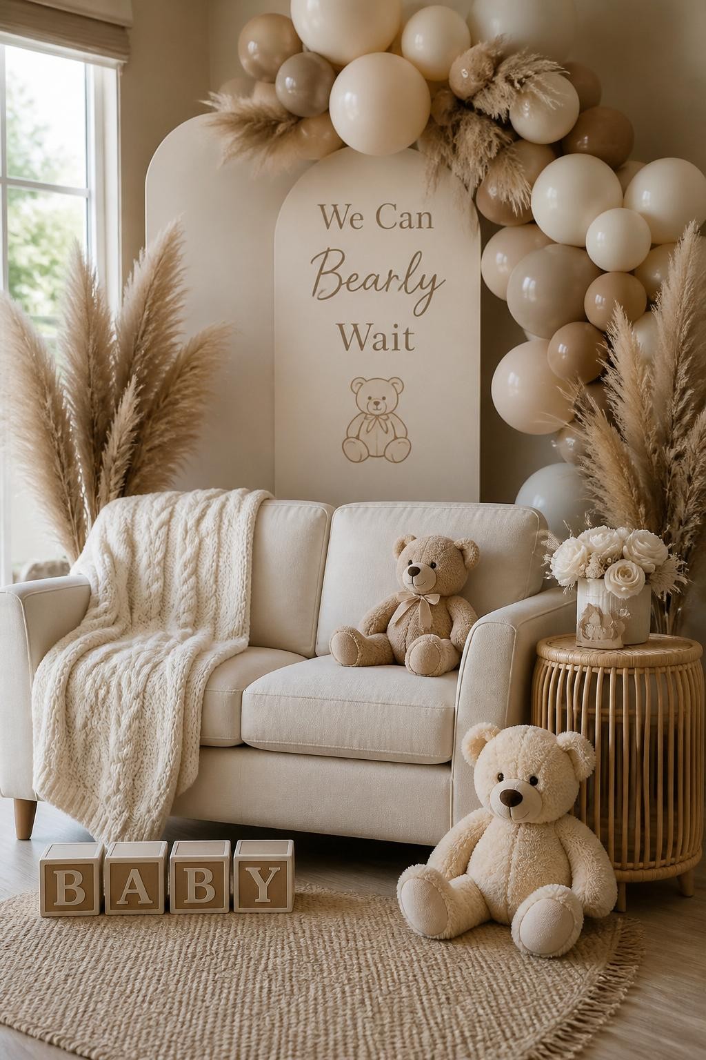 Image Prompt:
A realistic single-image rustic teddy bear baby shower display with stacked wooden crates, plush teddy bears, cream blankets, small baby shoes, glass jars with baby’s breath, beige balloons, kraft paper signs, wooden sign reading “We Can Bearly Wait,” soft brown and ivory color palette, indoor barn-style party space, no people, no faces, natural daylight, editorial decor photography, realistic wood and fabric textures, no watermarks on images