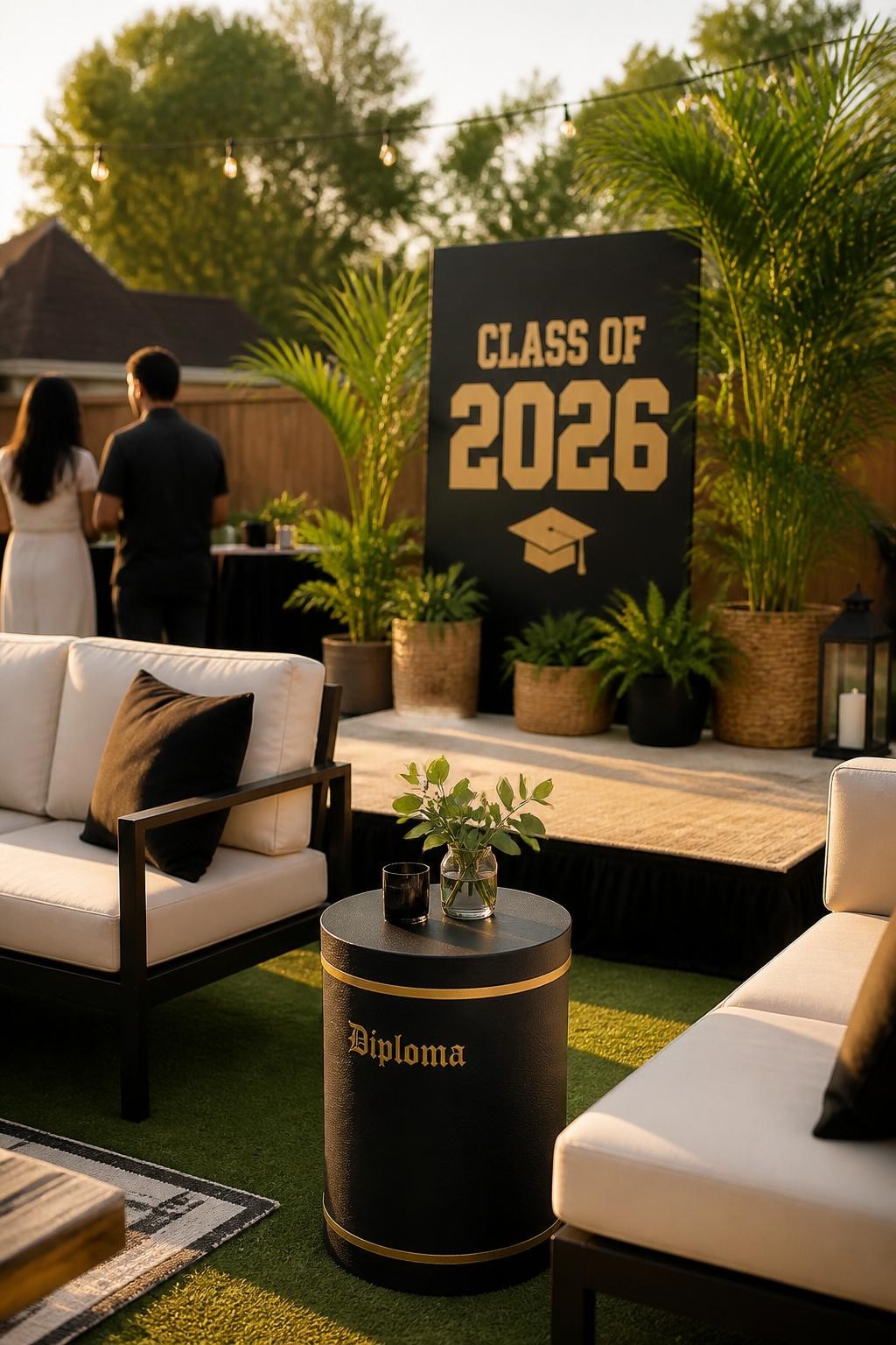 A realistic DSLR photo of a backyard graduation party lounge with outdoor sofas, cream cushions, a small stage rug, a modern “Class of 2026” sign, potted greenery, string lights, and a diploma-inspired side table, two guests standing in the background with their backs turned and slightly out of focus, warm golden hour lighting, polished backyard event styling.