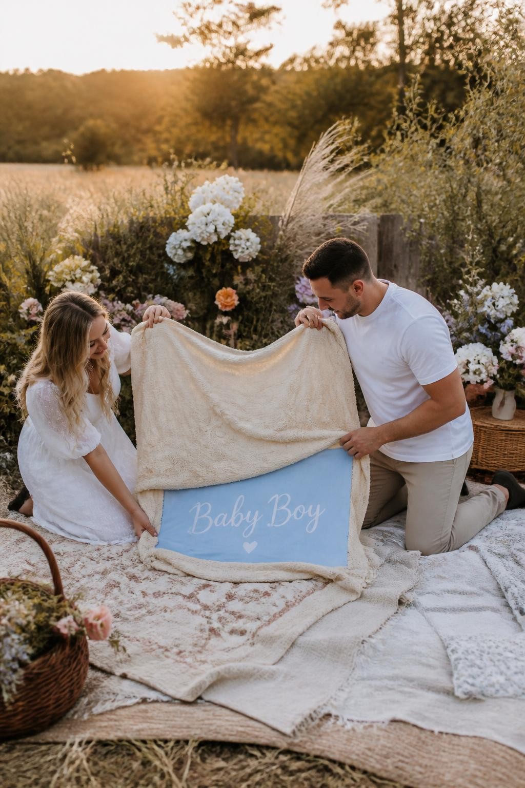 A realistic editorial photo of an August gender reveal in a wildflower meadow-inspired backyard setup, layered picnic blankets, baskets of flowers, soft grasses, parents unfolding one special blanket to reveal a hidden color panel and baby message, warm golden light, romantic outdoor styling, DSLR lifestyle photography
