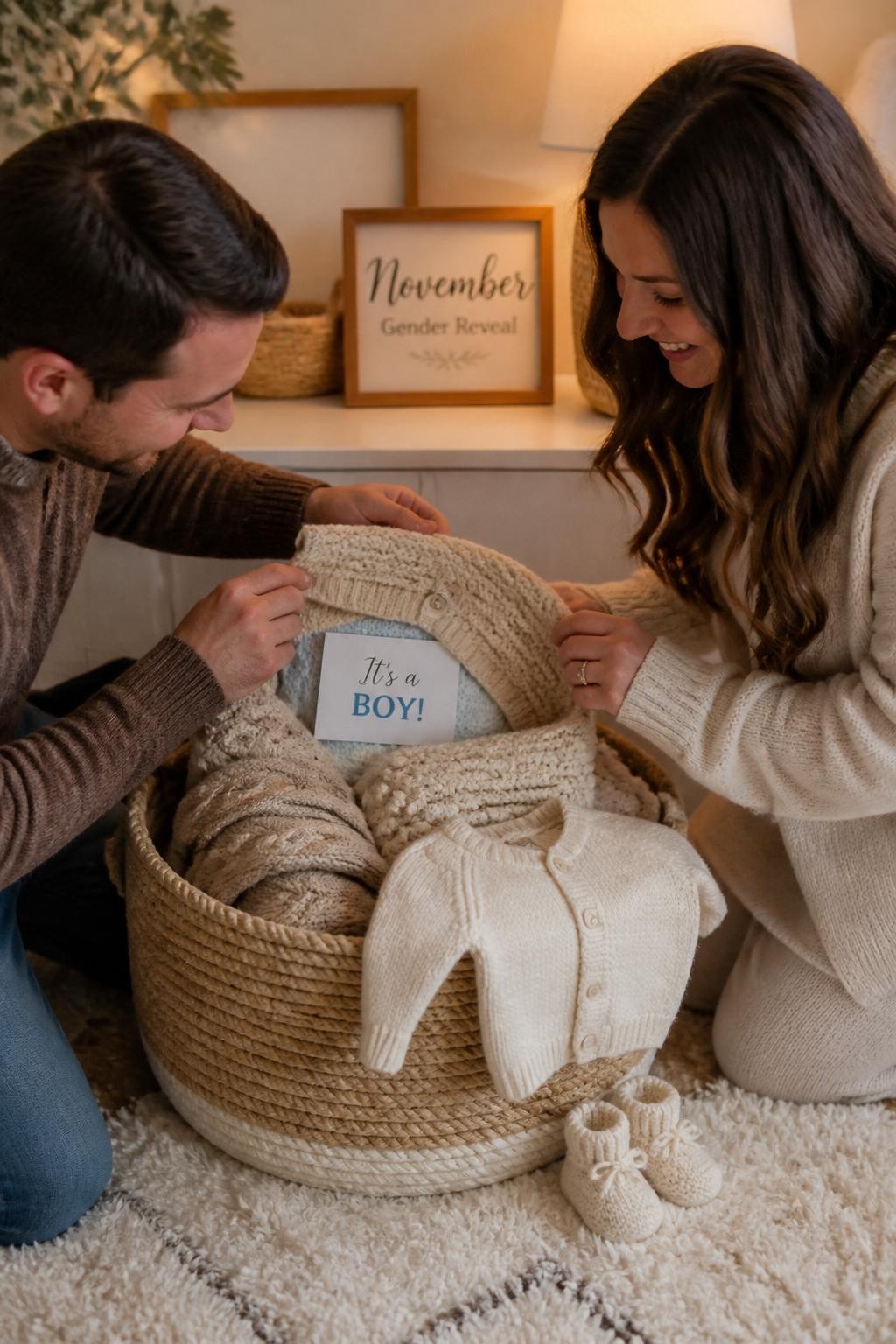 A realistic editorial photo of a November gender reveal nursery corner, woven basket filled with chunky knit blankets, tiny baby sweater, soft booties, cream rug, warm lamp light, parents pulling out one folded knit item with a hidden reveal color detail and message card, cozy home styling, vertical photography