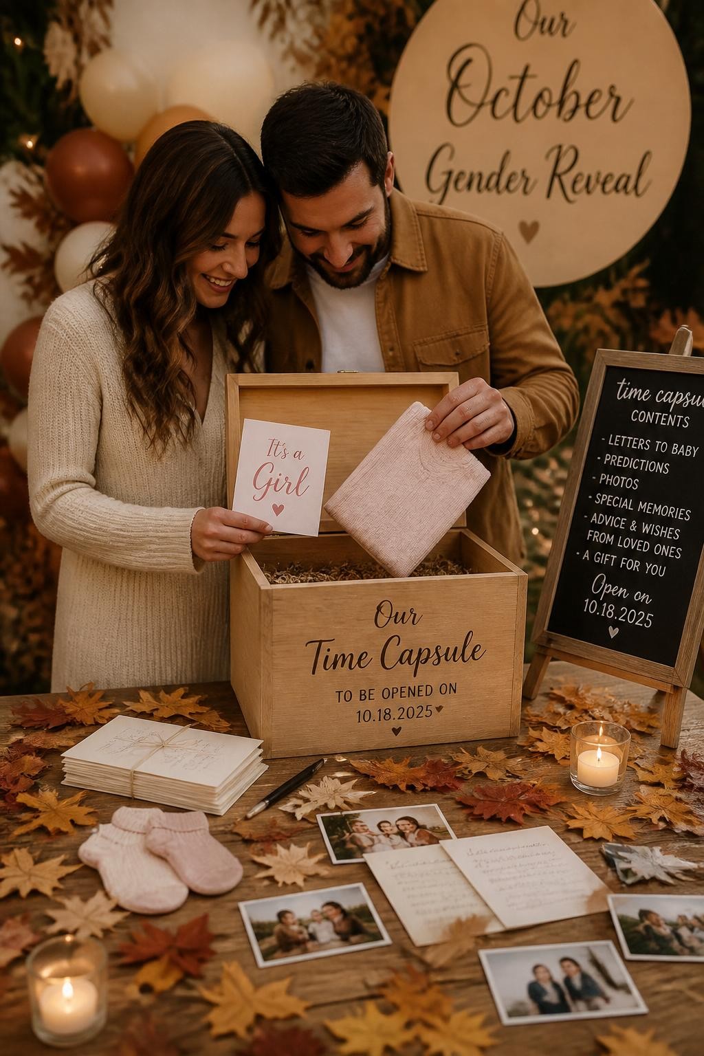 A realistic editorial photo of an October gender reveal time capsule table, wooden keepsake box, dried leaves, handwritten letters, baby socks, family photos, candles, parents opening the box to reveal one folded baby item and message card in one reveal color, warm emotional party styling, vertical composition