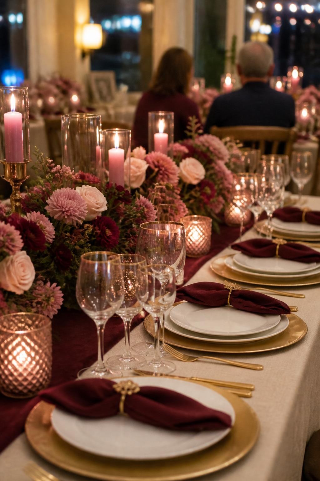 A realistic DSLR photo of a blush and burgundy graduation dinner table with deep pink flowers, burgundy napkins, blush candles, gold chargers, white plates, glassware, and two family members seated in the background from behind softly out of focus, warm evening lighting, elegant realistic party styling.